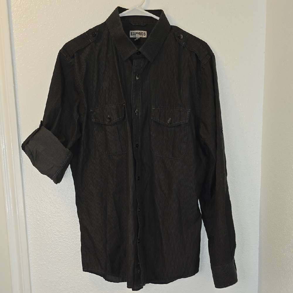 Express Men's Dark Gray Pinstripe Long-Sleeve Button-Down Shirt